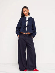 Denim Round Neckline Tie Front Ruffle Hem Jacket