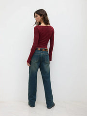 Brushed Cider Denim Low Rise Straight Leg Jeans