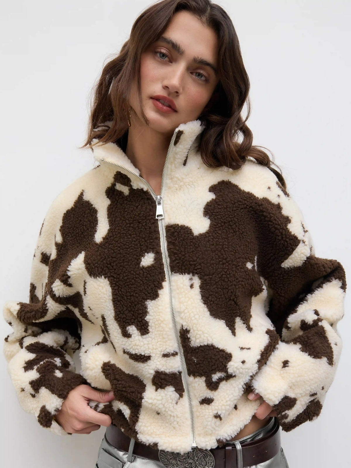 Fleece Funnel Neck Print Drawstring Oversized Jacket