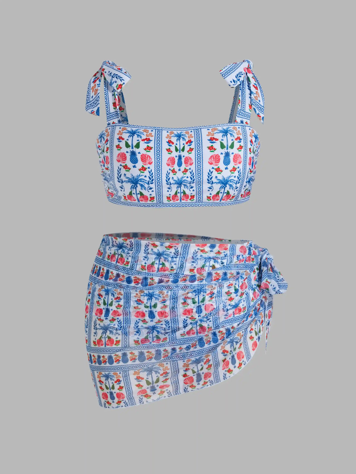 Square Neck Floral Knotted Bracelet Full Coverage Bikini Swimsuit With Sarong Curve & Plus