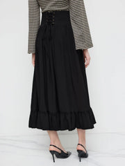 Mid Rise Solid Button Lace Up Ruffle Maxi Skirt