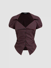 Cotton-blend Tartan Split Gingham Ruched Shirt