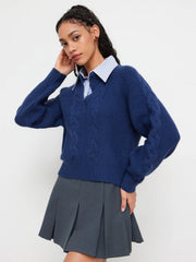 Cable Knit Collar Two Tone Long Sleeve Top