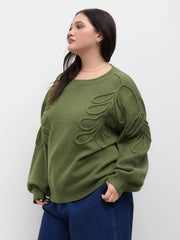 Knit Round Neckline Leaf Braid Oversized Sweater Curve & Plus