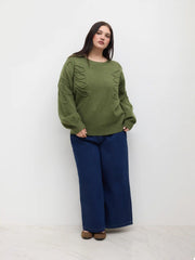 Knit Round Neckline Leaf Braid Oversized Sweater Curve & Plus
