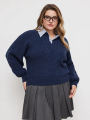 Cable Knit Collar Two Tone Oversized Top Curve & Plus