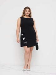 Boat Neckline Solid Bowknot Wrap Mini Dress Curve & Plus