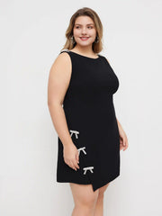Boat Neckline Solid Bowknot Wrap Mini Dress Curve & Plus