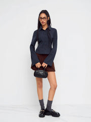 Collar Striped Cinched Waist Bell Sleeve Shirt