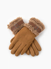 Lamb Wool Faux Leather Belt Design Thick Warm Touchscreen Gloves