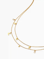 STAR & MOON & RHINESTONE 18K GOLD PLATED STAINLESS STEEL PENDANT LAYERED NECKLACE