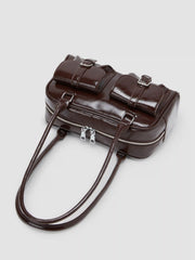DOUBLE POCKET BOSTON FAUX LEATHER SHOULDER BAG