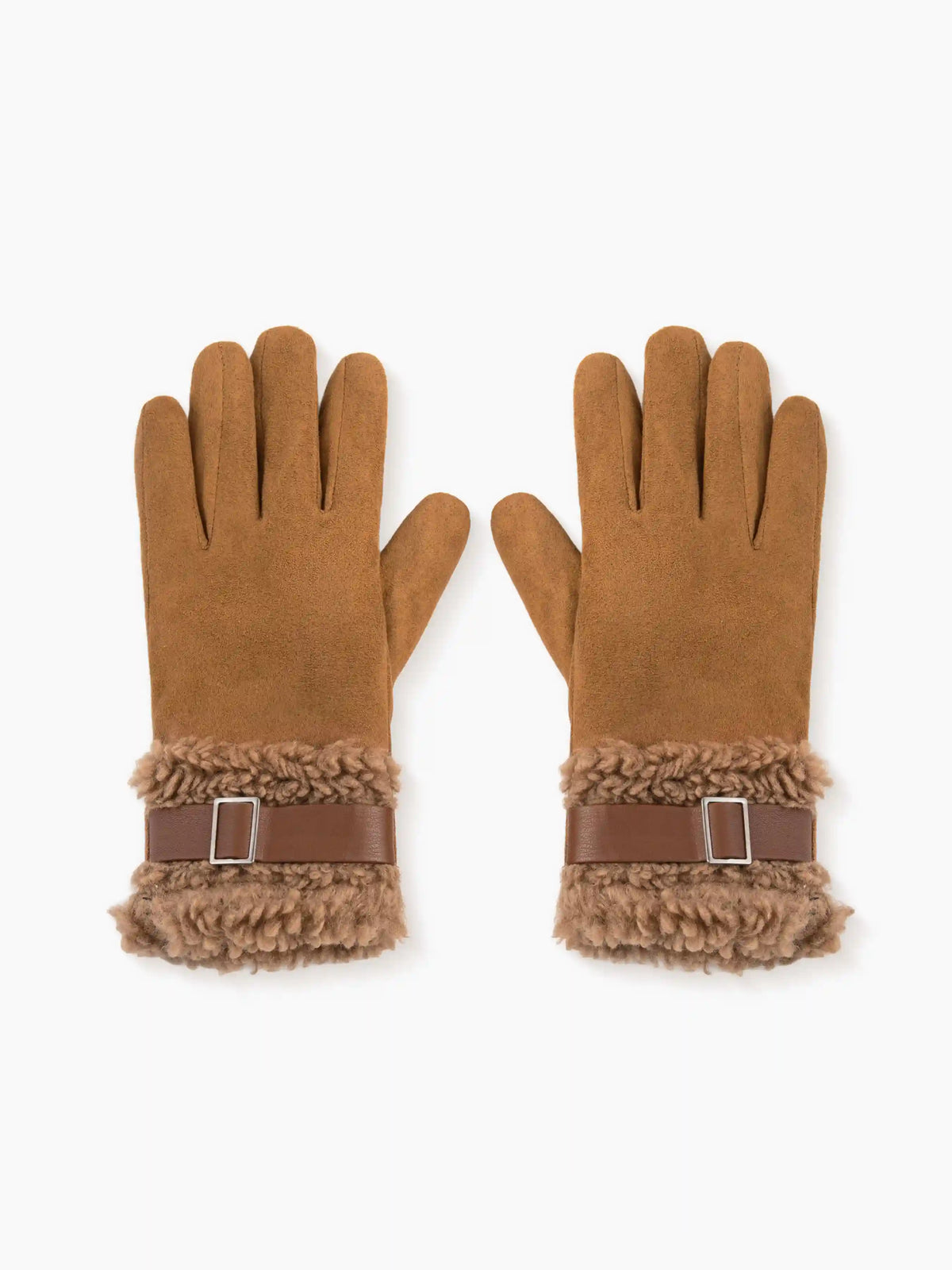 Lamb Wool Faux Leather Belt Design Thick Warm Touchscreen Gloves