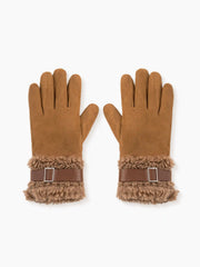 Lamb Wool Faux Leather Belt Design Thick Warm Touchscreen Gloves