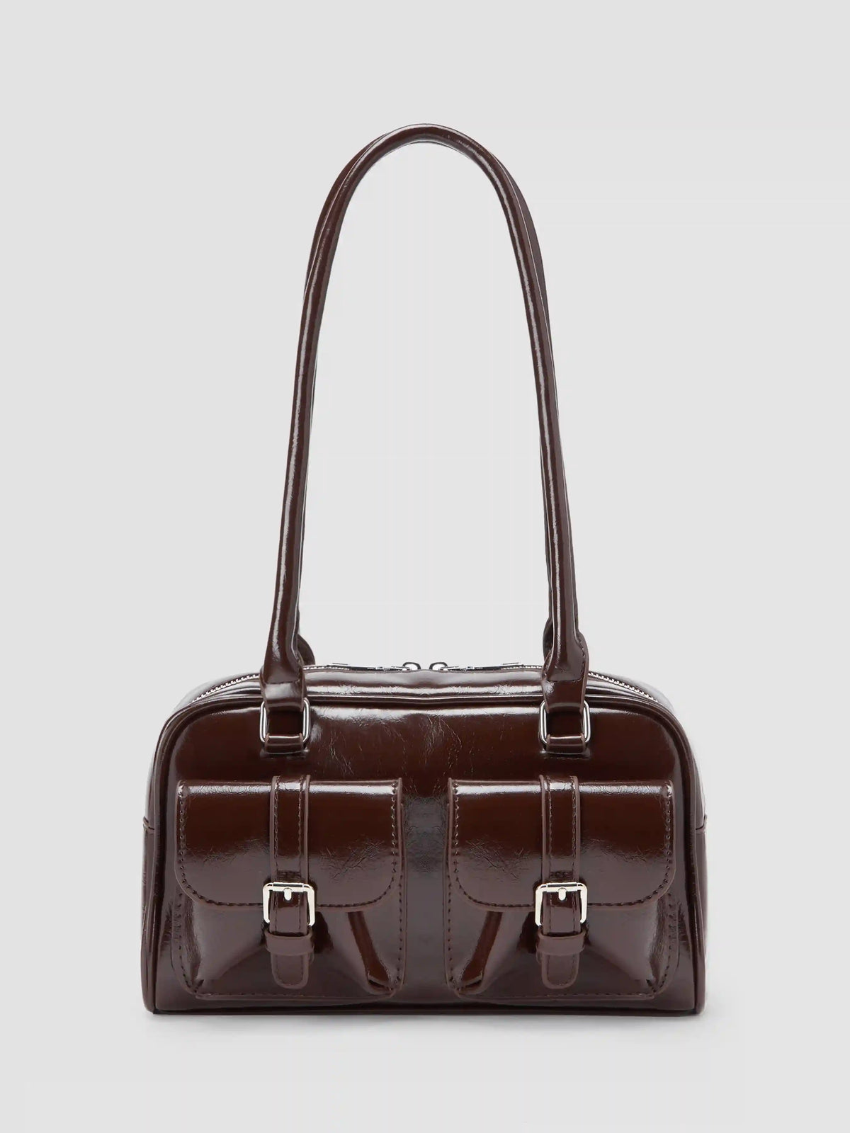 DOUBLE POCKET BOSTON FAUX LEATHER SHOULDER BAG