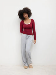 Square Neck Lace Trim Two Tone Long Sleeve Tee