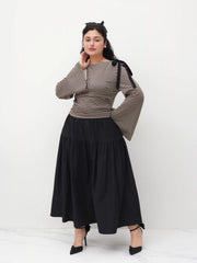 Boat Neck Gingham Bowknot Ruched Long Sleeve Top Curve & Plus