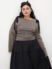 Boat Neck Gingham Bowknot Ruched Long Sleeve Top Curve & Plus