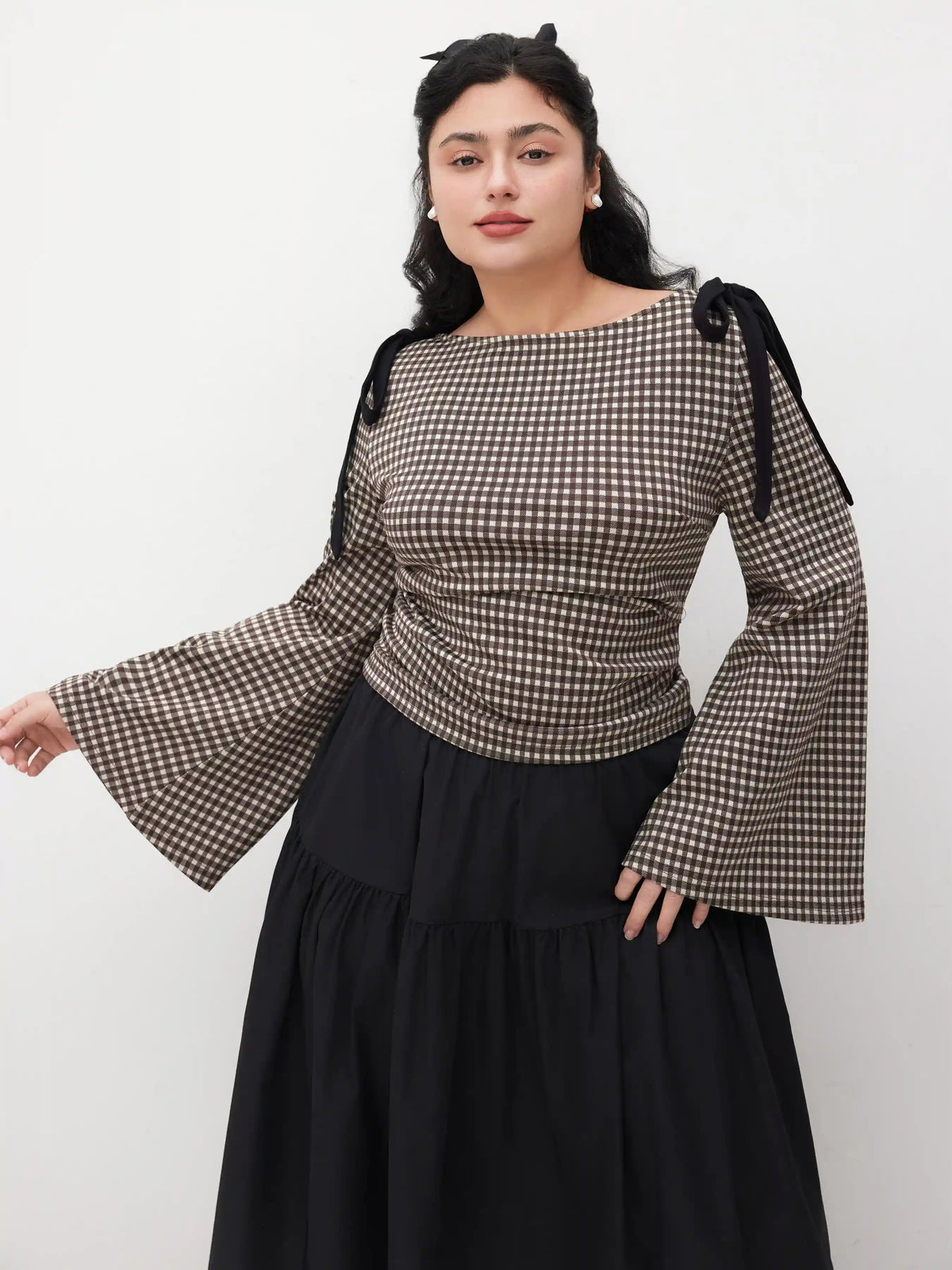 Boat Neck Gingham Bowknot Ruched Long Sleeve Top Curve & Plus