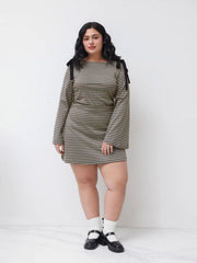 Cotton-blend Boat Neck Gingham Bowknot Ruched Mini Dress Curve & Plus