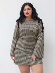 Cotton-blend Boat Neck Gingham Bowknot Ruched Mini Dress Curve & Plus