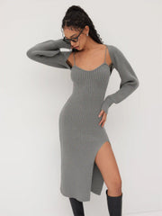 Knit Solid Cami Split Midi Dress & Shrug