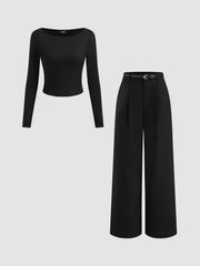 Boat Neck Long Sleeve Top & Mid Rise Straight Leg Trousers With Belt Set