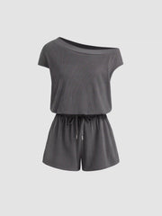 Asymmetrical Neck Drawstring Romper