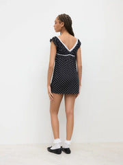 V-neck Polka Dot Lace Trim Bowknot Mini Dress