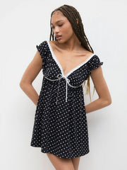 V-neck Polka Dot Lace Trim Bowknot Mini Dress