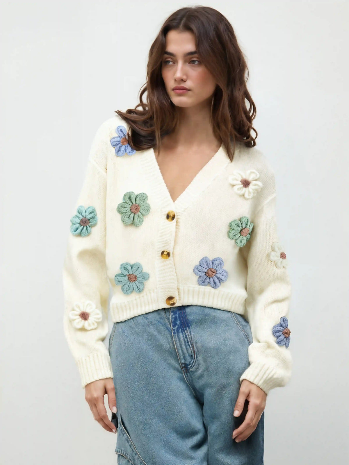 Knit V-neck Button Flower Cardigan