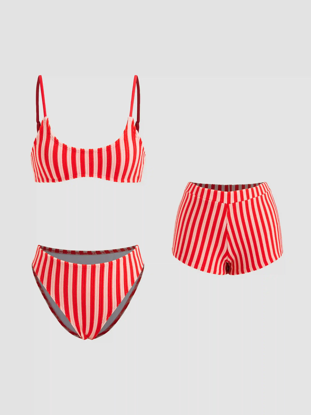 Terry U-neckline Stripe Bracelet Bikini Set & Cover Up Shorts
