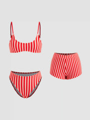 Terry U-neckline Stripe Bracelet Bikini Set & Cover Up Shorts