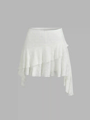 Low Rise Lace Floral Layered Ruffle Hem Mini Skirt