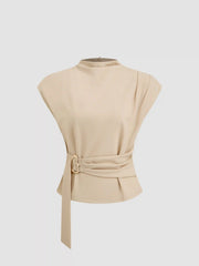 Stand Collar Belted Short Sleeve Top