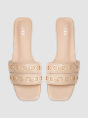 EYELET SQUARE TOE LOW HEEL FAUX LEATHER SLIPPERS