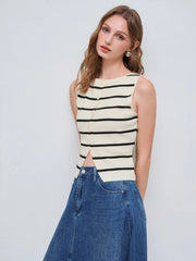 Knit Boat Neck Striped Button Split Vest