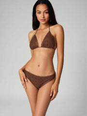 Halter Lettuce Trim Bikini Swimsuit With Drawstring Ruched Cover Up Skirt