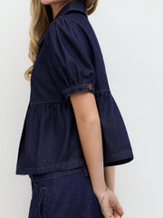 Denim Peter Pan Collar Ruched Puff Sleeve Blouse