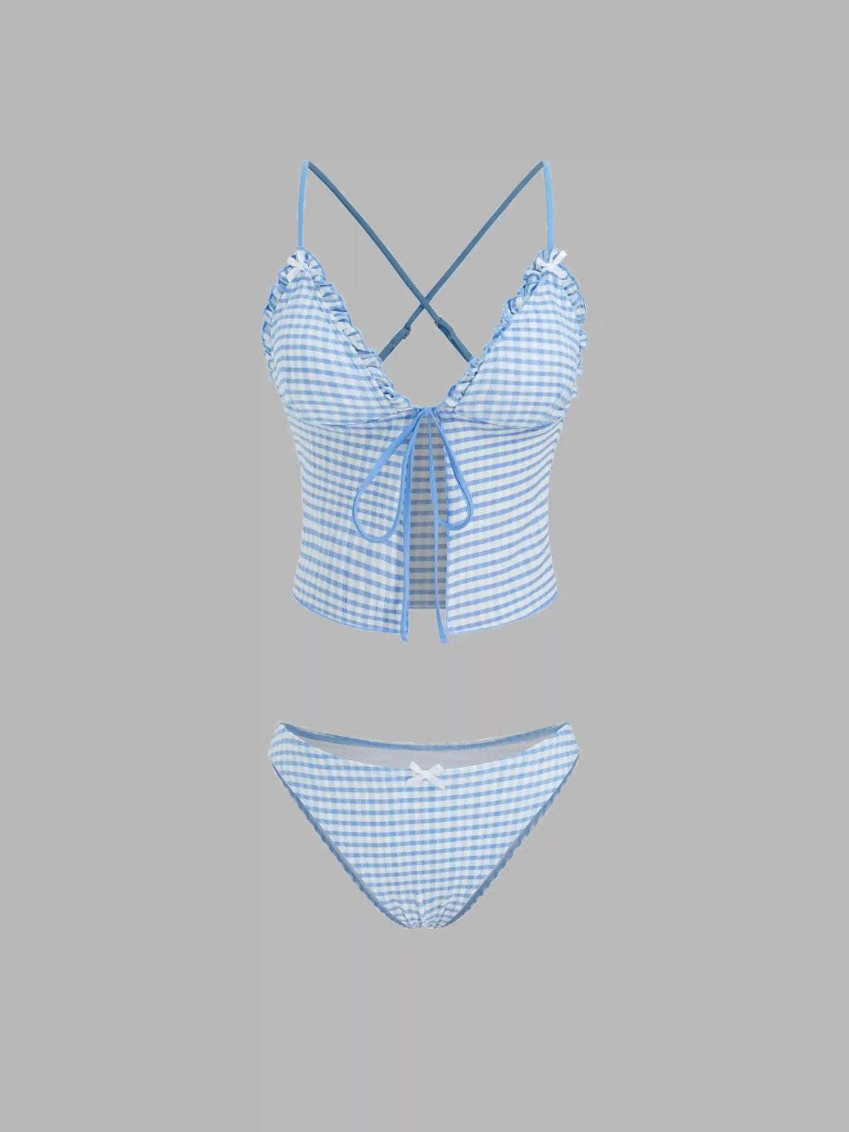 V-neck Gingham Bowknot Lettuce Trim Tankini Bikini Set