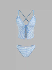 V-neck Gingham Bowknot Lettuce Trim Tankini Bikini Set