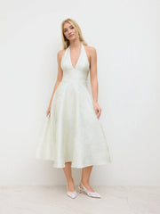 Jacquard Sculptural Halter Neckline Floral Lace Up Maxi Dress