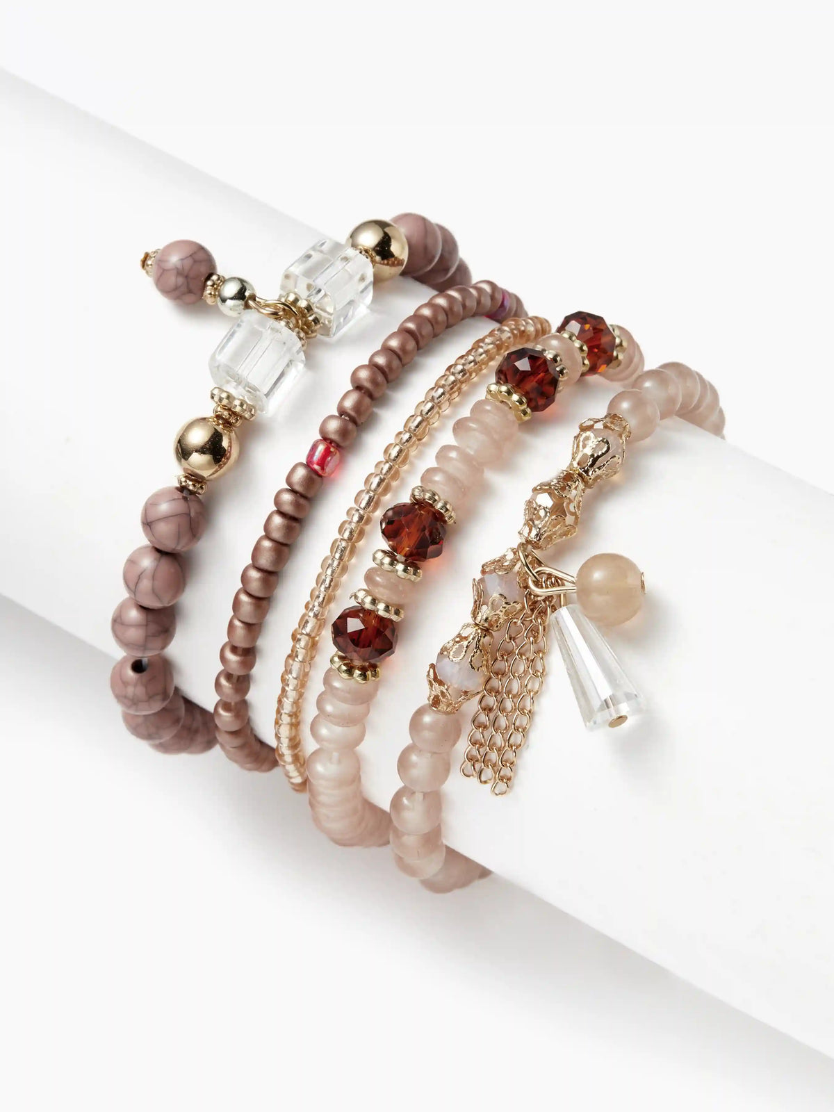 5PCS CRYSTAL & ORB BEADED BRACELET SET