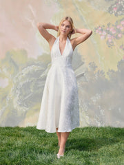 Jacquard Sculptural Halter Neckline Floral Lace Up Maxi Dress