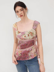 Mesh U-neckline Floral Asymmetrical Ruffle Trim Knotted Tank Top