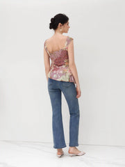 Mesh U-neckline Floral Asymmetrical Ruffle Trim Knotted Tank Top