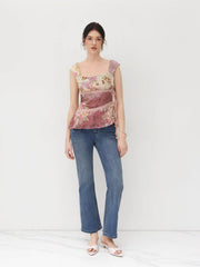 Mesh U-neckline Floral Asymmetrical Ruffle Trim Knotted Tank Top