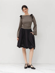 Boat Neck Gingham Bowknot Ruched Long Sleeve Top