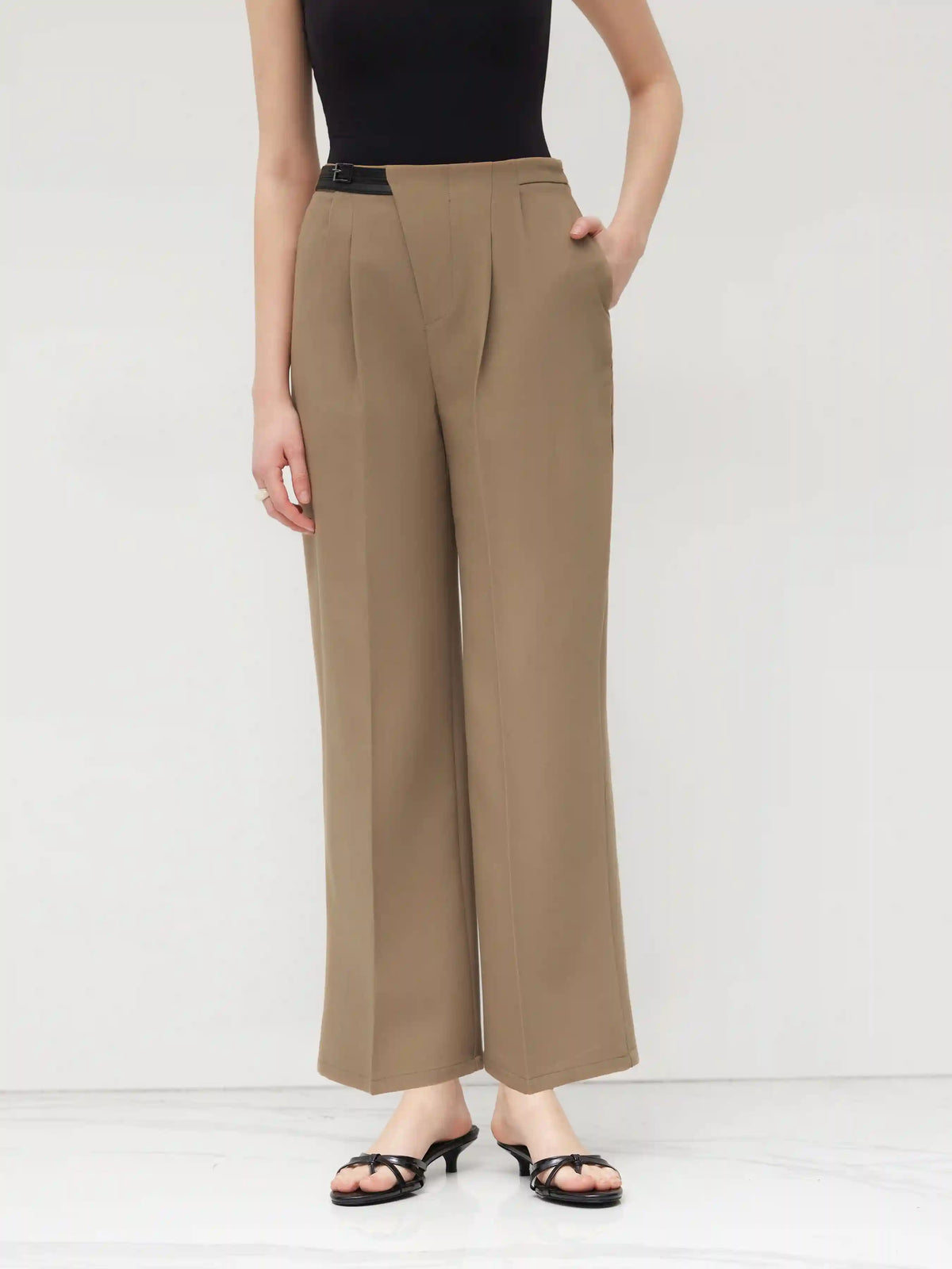 Petite Mid Rise Solid Belted Straight Leg Trousers