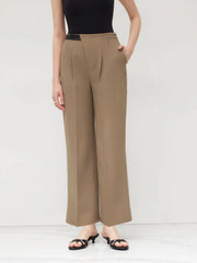 Petite Mid Rise Solid Belted Straight Leg Trousers